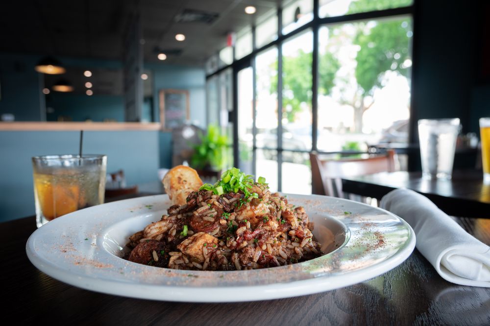 Creole jambalaya with chicken, shrimp, and andouille sausage